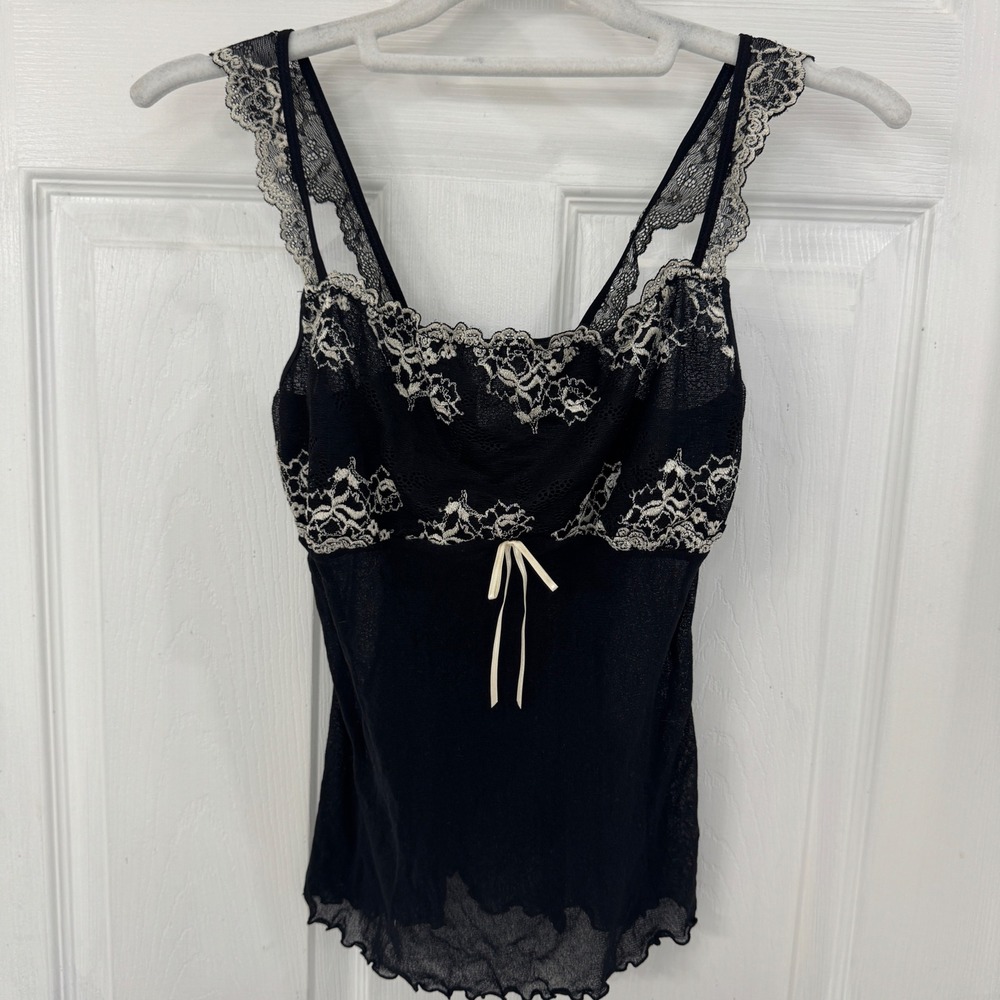 Gilligan & O'Malley Black Mesh Lace Camisole Top Y2K Coquette Trendy Bow Style - Picture 2 of 6